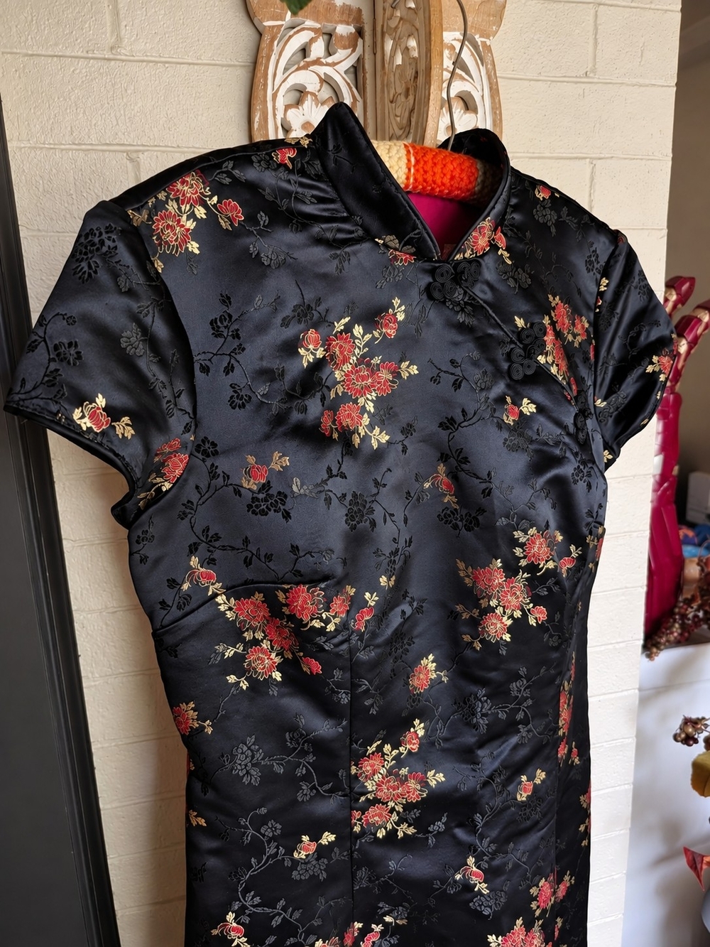 Vintage 90s Robbie Bee Whimsy Goth Cheongsam Qipao Dress Black Floral Size 8